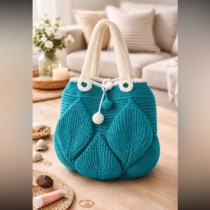 Elegant Teal Knit Tote with Cream Handles